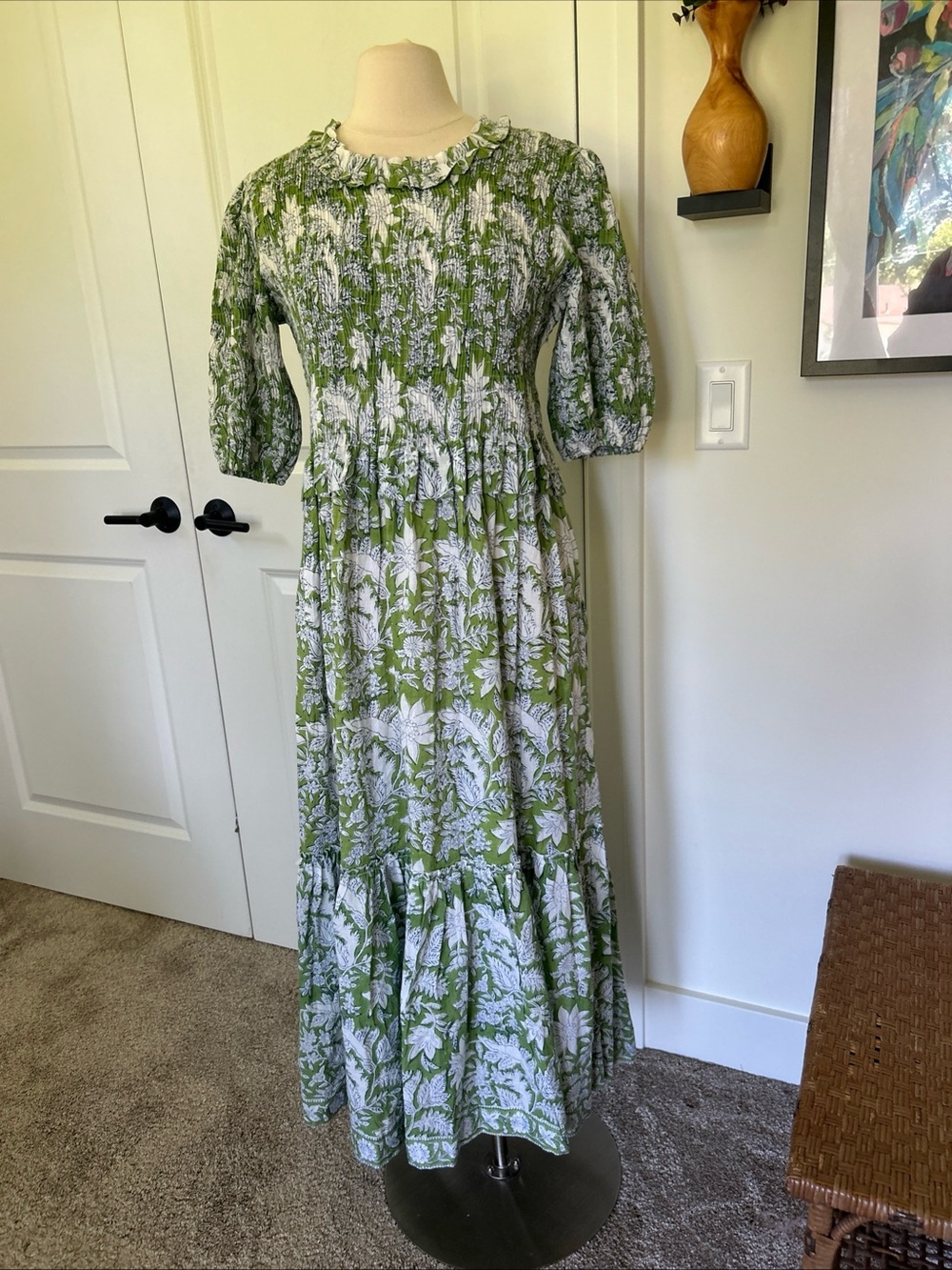 MARY MARSHMALLOW size M Green Block Print Smocked Short Slv Maxi Dress